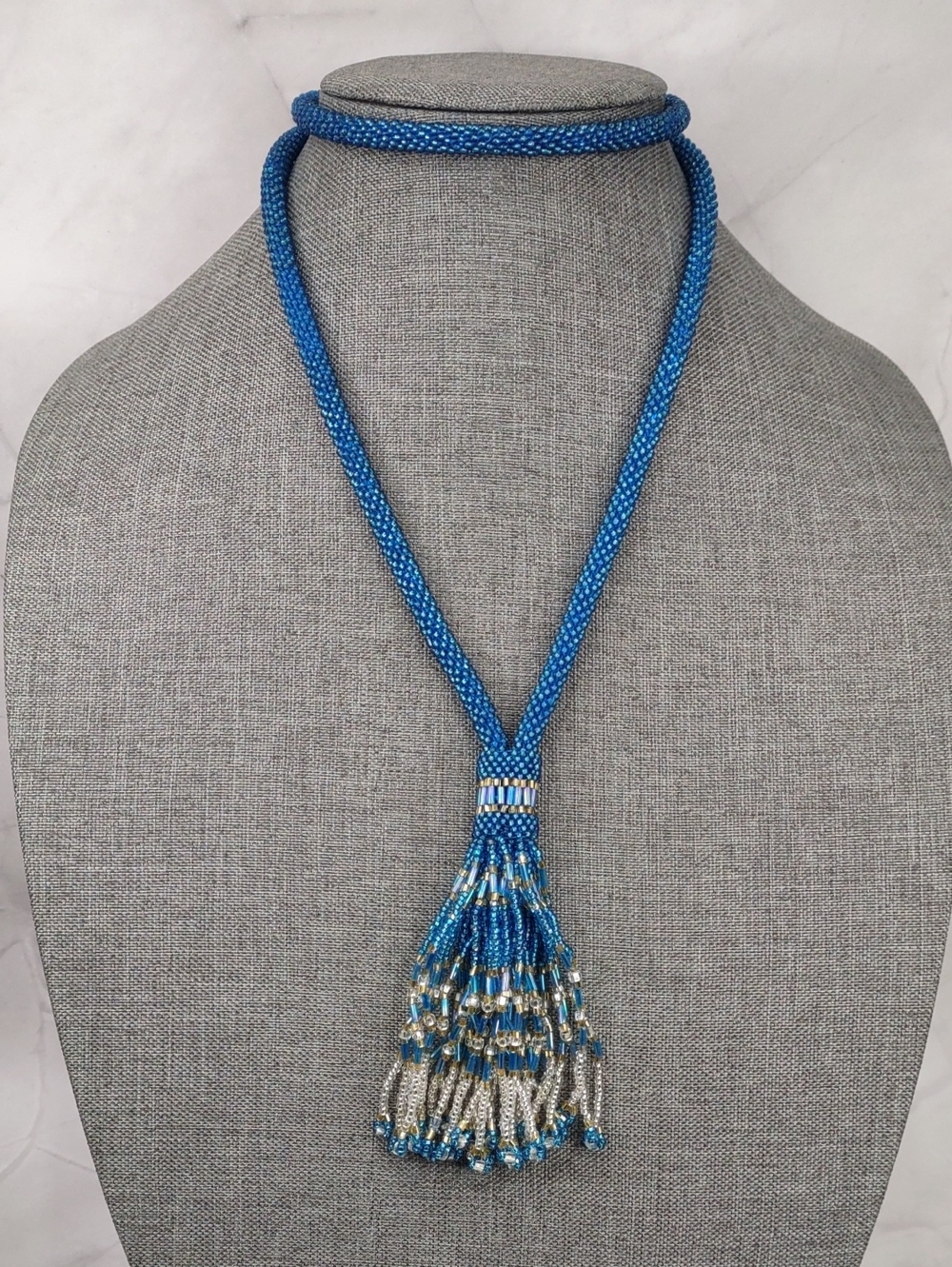 Blue Beaded Tassel Lariat Necklace